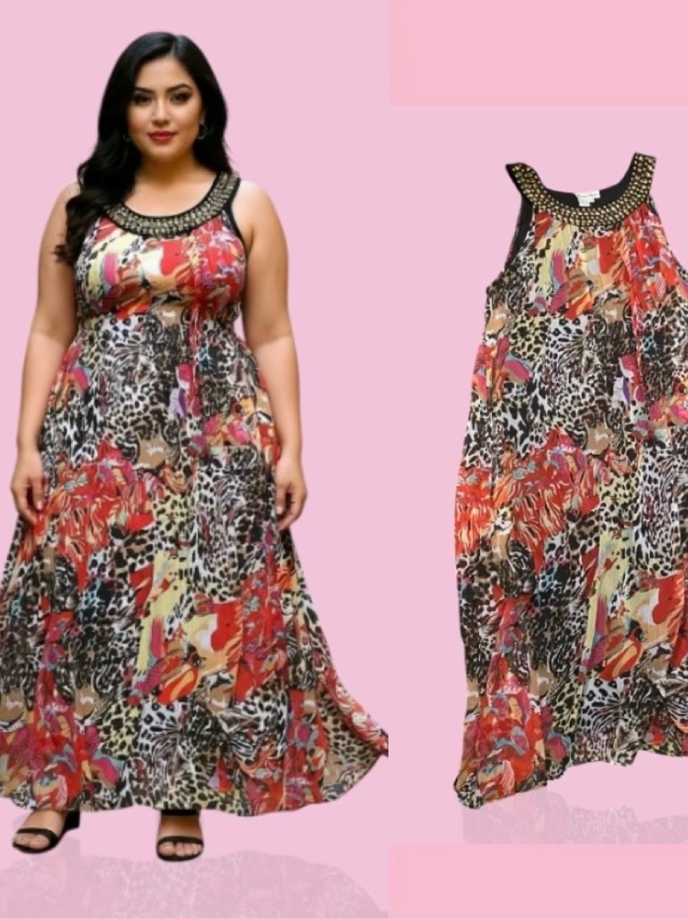 Plus-Size Sleeveless Maxi Dress in Red Multi Floral & Animal Print.
